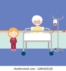 Cartoon flat design illustration of old and sick woman lying on bed in hospital. Granddaughter or young girl visiting. - vector