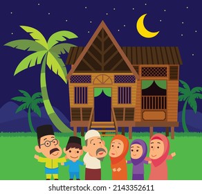 Cartoon Flat Design Muslim Family In Malay Village With Coconut Tree Night Life Scene Background