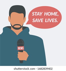 cartoon flat design reporter reports news & interview on tv live & hold microphone mike. people in quarantine vector. stay home save lives text massage. coronavirus outbreak pandemic. press conference