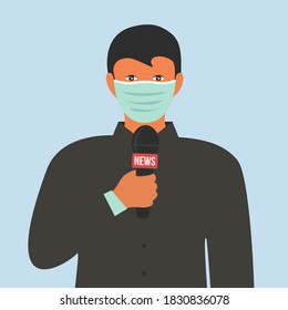 reportero de caricatura de diseño plano informa de las últimas noticias. cara y entrevista de mascarilla humana y médica en el vector de micrófono de retenida en vivo de tv. arte de coronavirus y pandemia de brotes