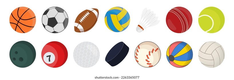 Cartoon flat design sports balls set. Vector icons illustration.