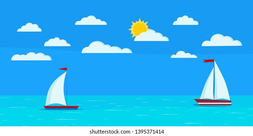 Cartoon flat design style sea landscape with two sailboats, clouds, blue sky, sun, calm ocean. Vector summer day banner illustration for tourist, traveling, yachting and holiday background.