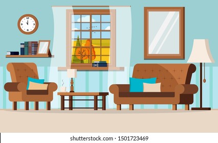 Cartoon flat design vector illustration of cozy living room with furniture and window view of autumn fields landscape - sofa, armchair, wall clock, mirror, coffee table, lamp, books, shelf. 