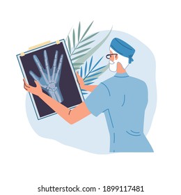 Cartoon flat doctor character in uniform,lab coat with medical pictures and symbols-radiography and x-ray diagnostics concept