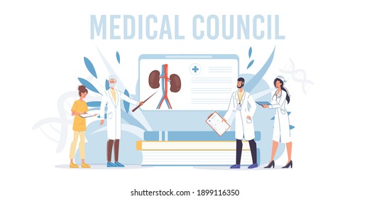 Cartoon Flat Doctor Characters And Nurses In Uniform,laboratory Coats With Medical Devices-medic Team,science Council,conference And Education Concept