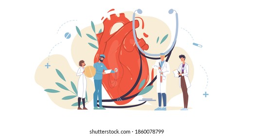 Cartoon flat doctor characters in uniforms,lab coats with medical devices and symbols-heart disease treatment and therapy concept