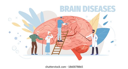 Cartoon flat doctor characters in uniforms,lab coats with medical devices and symbols-brain desease treatment and therapy concept