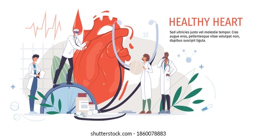 Cartoon flat doctor characters in uniforms,lab coats with medical devices and symbols-heart disease treatment and therapy concept