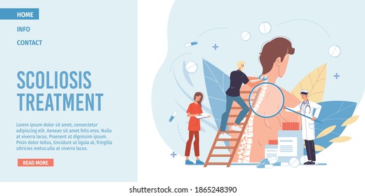 Cartoon flat doctor characters in uniforms,lab coats with medical devices and symbols-spine disease treatment and therapy concept