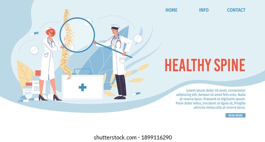 Cartoon flat doctor characters in uniforms,lab coats with medical devices and symbols-spine disease treatment and therapy concept