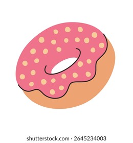 Cartoon flat donut with pink glaze and puffed rice. Isolated on white background.