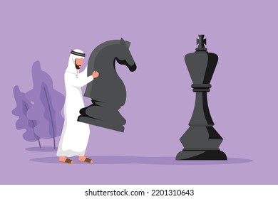 Cartoon flat drawing Arab businessman holding knight chess piece to beat king chess. Strategic planning, business development strategy, tactics in entrepreneurship. Graphic design vector illustration