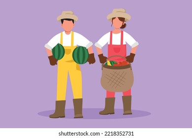 Cartoon Flat Drawing Couple Farmers Carrying Basket Full Of Bananas, Apples, Watermelons. Picking Fresh Fruit From Harvest. Success Farmer With Organic Natural Crop. Graphic Design Vector Illustration