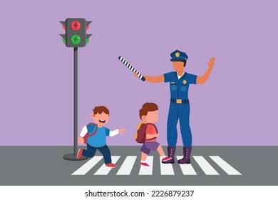 La caricatura de estudiantes de primaria que cruzan la carretera en el cruce de cebra ayuda por la policía de tránsito que sostiene carteles de stop. Concepto de peatón o camino de paso. Ilustración vectorial de diseño gráfico