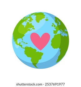 Cartoon flat Earth planet with heart shape as a concept of protecting world for Earth Day holiday.