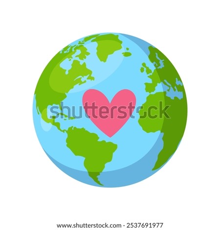 Cartoon flat Earth planet with heart shape as a concept of protecting world for Earth Day holiday.