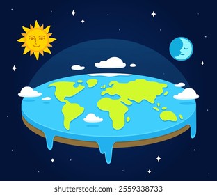 Cartoon flat earth in space with sun and moon rotating around it. Simple style vector clip art illustration.