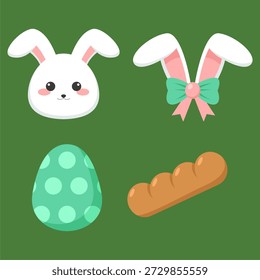 Ilustración plana de Pascua de dibujos animados con orejas de conejo, huevo y pan