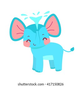 Cartoon flat elephant spraying water. Illustration in vector. Baby bath.