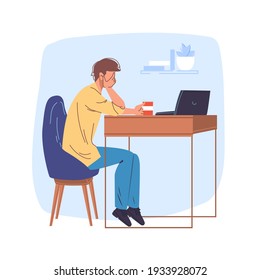 Caricatura de un empleado plano en la escena del estrés en el trabajo. Un hombre cansado y frustrado en la oficina del escritorio productividad interior en el trabajo, situación de estrés en el trabajo, concepto de banner en el sitio web de administración del tiempo
