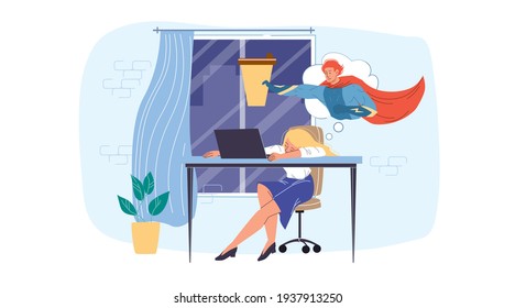 Caricatura de un empleado llano en la escena del estrés laboral. Una mujer cansada despierta duerme en el escritorio sueño de trabajo de un café superhéroe-productividad, situación de estrés laboral, manejo del tiempo sitio web concepto de banner