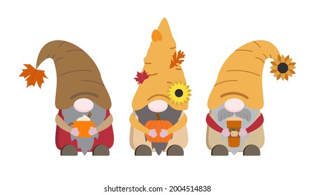 Cartoon flat fall vector gnomes in autumn colors with orange pumpkin, brown spice latte cup, coffee mug with cream and cinnamon. Isolated on white background.