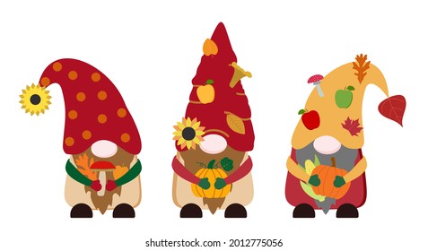 Cartoon flat fall vector gnomes in red, yellow hats with leaves, apples, forest mushrooms, orange pumpkins, ear of corn, sunflowers. Isolated on white background.