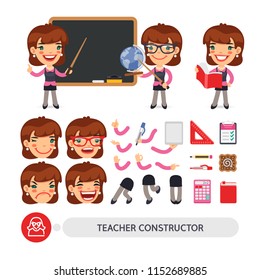 Cartoon flat female character constructor of teacher in various poses and emotions for animation. Isolated flat style vector on white background. Clipping paths included.