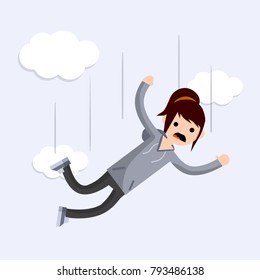 Cartoon flat female illustration - screaming woman falls from a height. Drop a young girl. Flight among the clouds. The horror and fear of heights - phobia Acrophobia.