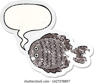 cartoon flat fish with speech bubble distressed distressed old sticker