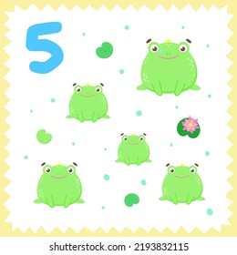 Cartoon flat frogs. Vector collection with pond anurans for counting. Isolated on a white background with a frame. Design template for kids education, entertainment, books