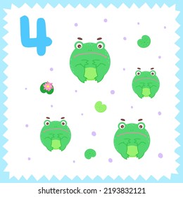 Cartoon flat frogs. Vector collection with pond anurans for counting. Isolated on a white background with a frame. Design template for kids education, entertainment, books