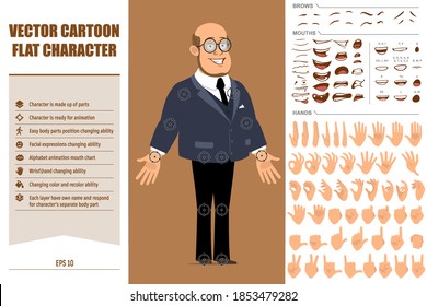 Cartoon flat funny bald professor man character in dark suit and glasses. Ready for animation. Face expressions, eyes, brows, mouth and hands easy to edit. Isolated on brown background. Vector set.
