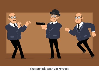 Caricatura de un profesor calvo gracioso personaje de hombre con traje oscuro y gafas. Niño corriendo y disparando desde la pistola. Listo para la animación. Aislado sobre fondo marrón. Conjunto de vectores.