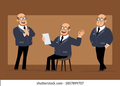 Cartoon flat funny bald professor man character in dark suit and glasses. Boy posing, reading note and showing okay sign. Ready for animation. Isolated on brown background. Vector set.