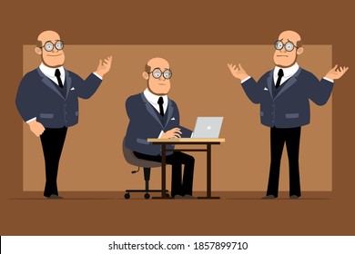Cartoon flat funny bald professor man character in dark suit and glasses. Boy posing and working on laptop. Ready for animation. Isolated on brown background. Vector set.