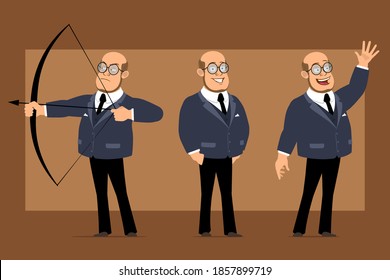 Cartoon flat funny bald professor man character in dark suit and glasses. Boy shooting from bow and showing Bye gesture. Ready for animation. Isolated on brown background. Vector set.