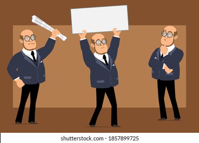 Cartoon flat funny bald professor man character in dark suit and glasses. Boy thinking and holding empty paper sign for text. Ready for animation. Isolated on brown background. Vector set.