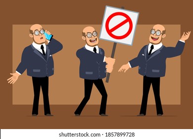 Cartoon flat funny bald professor man character in dark suit and glasses. Boy talking on phone and holding no entry stop sign. Ready for animation. Isolated on brown background. Vector set.
