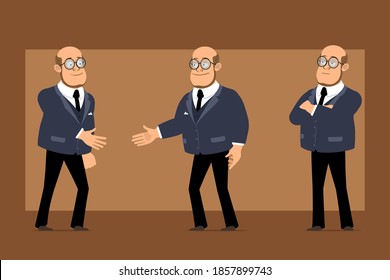 Caricatura de un profesor calvo gracioso personaje de hombre con traje oscuro y gafas. Niño posando y dándole la mano a un amigo. Listo para la animación. Aislado sobre fondo marrón. Conjunto de vectores.