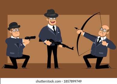 Cartoon Flat Funny Bald Professor Man Character In Dark Suit And Glasses. Boy Holding Rifle, Shooting From Pistol, Bow And Arrow. Ready For Animation. Isolated On Brown Background. Vector Set.