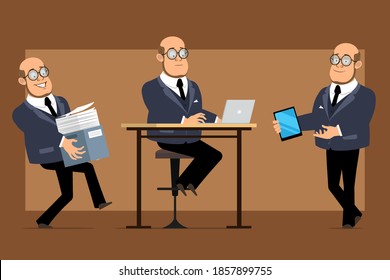 Cartoon flat funny bald professor man character in dark suit and glasses. Boy working on laptop and carrying paper box with documents. Ready for animation. Isolated on brown background. Vector set.