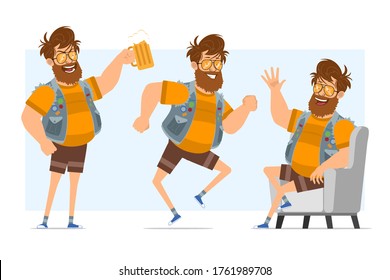 Cartoon flat funny bearded fat hipster man character in jeans jerkin and sunglasses. Ready for animation. Boy resting, dancing and holding beer. Isolated on blue background. Vector icon set.