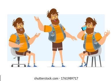 Cartoon flat funny bearded fat hipster man character in jeans jerkin and sunglasses. Ready for animation. Boy talking on phone and showing hello sign. Isolated on blue background. Vector icon set.