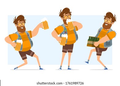 Cartoon flat funny bearded fat hipster man character in jeans jerkin and sunglasses. Ready for animation. Boy carrying bottles, holding and drinking beer. Isolated on blue background. Vector icon set.