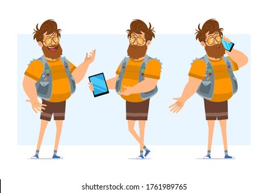 Cartoon flat funny bearded fat hipster man character in jeans jerkin and sunglasses. Ready for animation. Boy talking on phone and holding smart tablet. Isolated on blue background. Vector icon set.