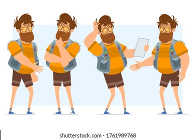 Cartoon flat funny bearded fat hipster man character in jeans jerkin and sunglasses. Ready for animation. Boy thinking, reading note and shaking hands. Isolated on blue background. Vector icon set.