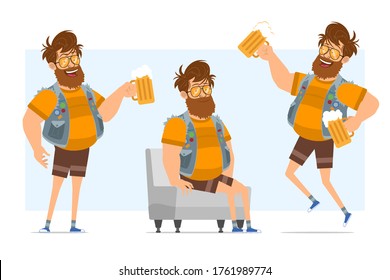 Cartoon flat funny bearded fat hipster man character in jeans jerkin and sunglasses. Ready for animation. Boy sitting, standing and jumping with beer. Isolated on blue background. Vector icon set.