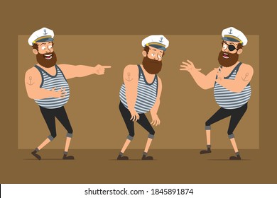 Cartoon flat funny bearded fat sailor man character in captain hat with tattoo. Boy sad, tired, laughing, jumping and dancing. Ready for animation. Isolated on brown background. Vector set.
