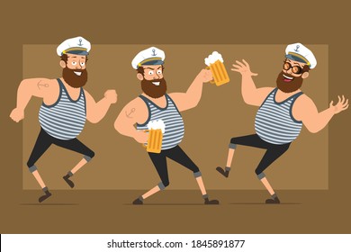 Cartoon flat funny bearded fat sailor man character in captain hat with tattoo. Boy jumping, dancing and drinking beer. Ready for animation. Isolated on brown background. Vector set.